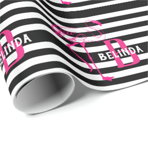 Papel De Presente Preto branco rosa FLamingo Dará monograma dela