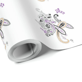 Papel De Presente Preto Branco Roxo Laranja Ornato Paisley