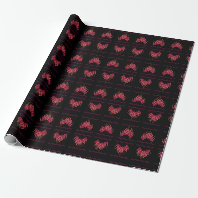 Papel De Presente Preto com padrões repetidas de cor vermelha (Desenrolado)