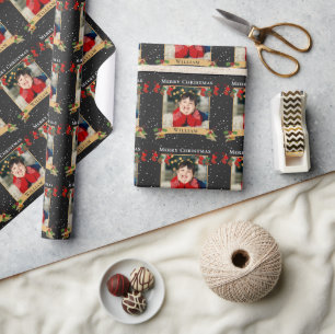 Papel De Presente Preto de Foto de Natal Personalizado