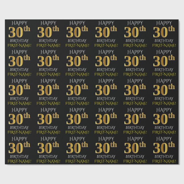 Papel De Presente Preto, Dourado "aniversário de 30 anos FELIZ" (Aberto)