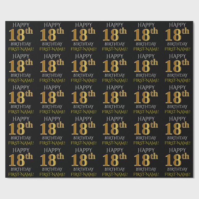 Papel De Presente Preto, Dourado "FELIZ 18 ANOS" (Aberto)