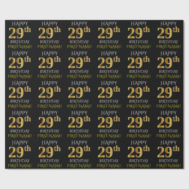 Papel De Presente Preto, Dourado "FELIZ 29 ANOS" (Aberto)