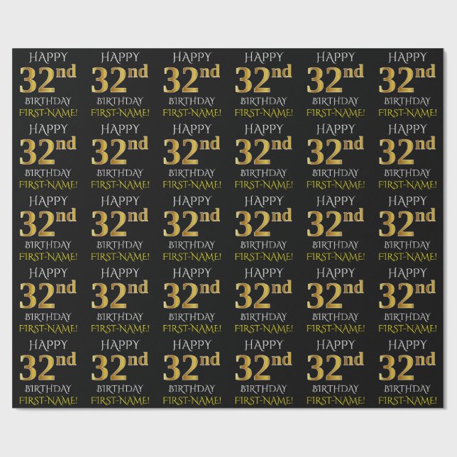Papel De Presente Preto, Dourado "FELIZ 32º ANIVERSÁRIO" (Aberto)