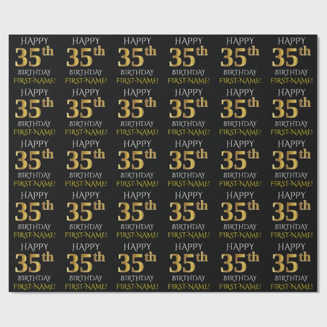 Papel De Presente Preto, Dourado "FELIZ 35 ANOS" (Aberto)