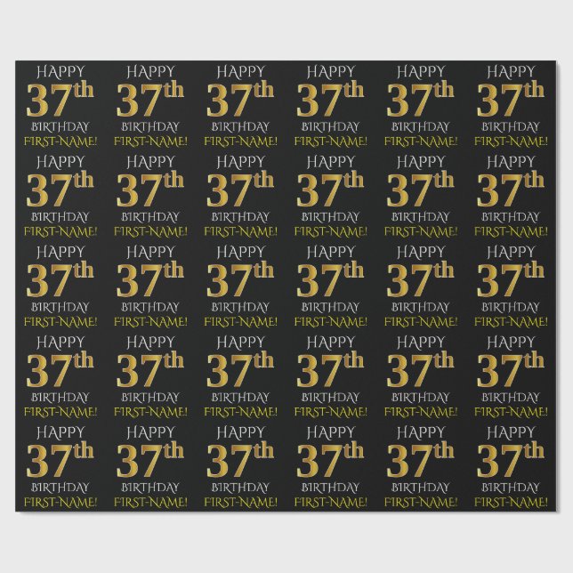 Papel De Presente Preto, Dourado "FELIZ 37 ANOS" (Aberto)