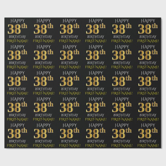 Papel De Presente Preto, Dourado "FELIZ 38 ANOS" (Aberto)