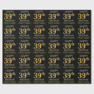 Papel De Presente Preto, Dourado "FELIZ 39 ANOS"