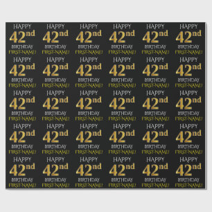 Papel De Presente Preto, Dourado "FELIZ 42º ANIVERSÁRIO"