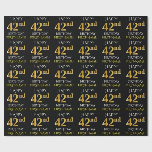Papel De Presente Preto, Dourado "FELIZ 42º ANIVERSÁRIO" (Aberto)