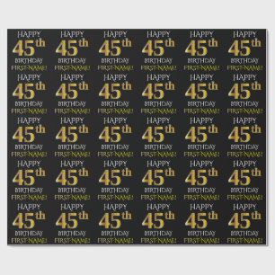 Papel De Presente Preto, Dourado "FELIZ 45 ANOS"