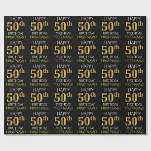 Papel De Presente Preto, Dourado "FELIZ 50º ANIVERSÁRIO"