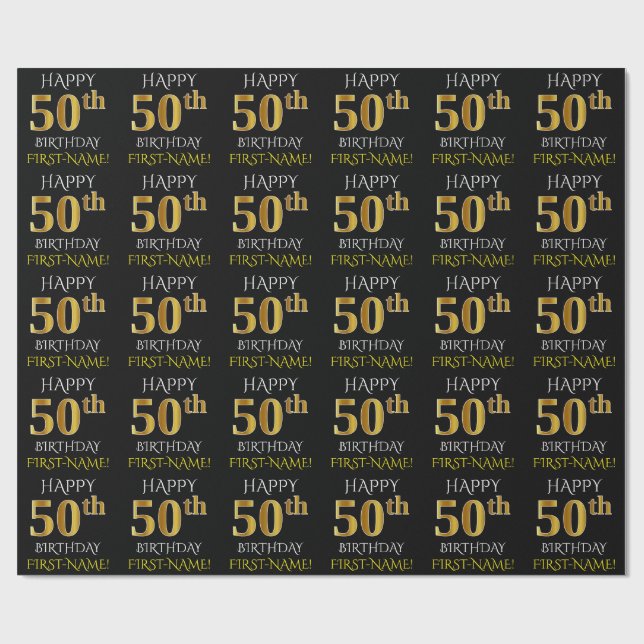 Papel De Presente Preto, Dourado "FELIZ 50º ANIVERSÁRIO" (Aberto)