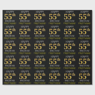Papel De Presente Preto, Dourado "FELIZ 55 ANOS"
