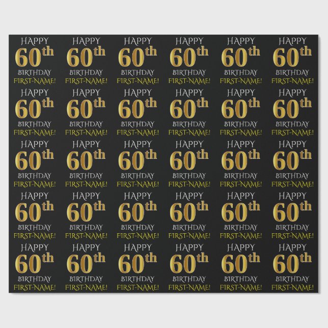 Papel De Presente Preto, Dourado "FELIZ 60 ANOS" (Aberto)