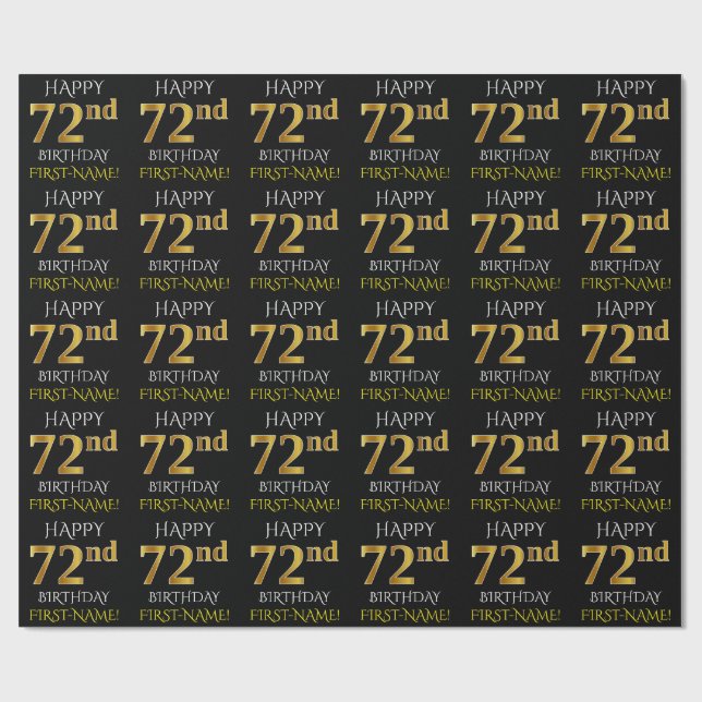 Papel De Presente Preto, Dourado "FELIZ 72º ANIVERSÁRIO" (Aberto)