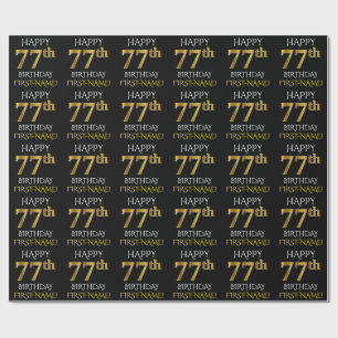 Papel De Presente Preto, Dourado "FELIZ 77º ANIVERSÁRIO"