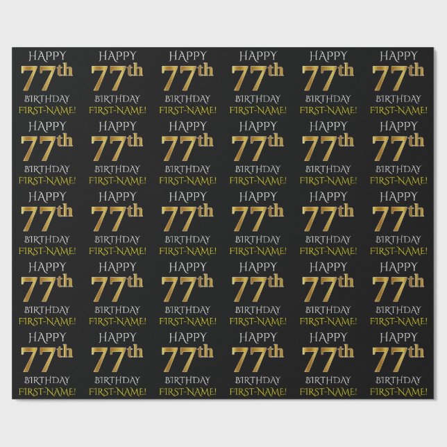 Papel De Presente Preto, Dourado "FELIZ 77º ANIVERSÁRIO" (Aberto)