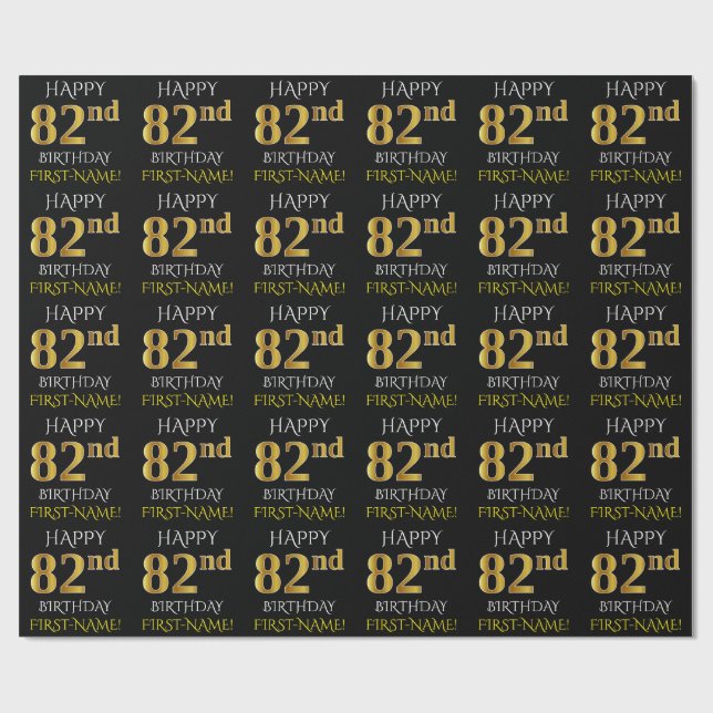 Papel De Presente Preto, Dourado "FELIZ 82º ANIVERSÁRIO" (Aberto)