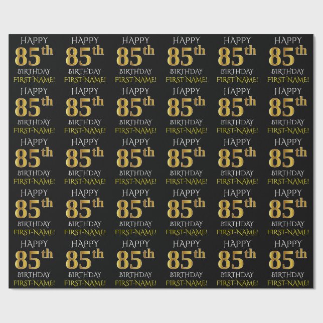 Papel De Presente Preto, Dourado "FELIZ 85 ANOS" (Aberto)