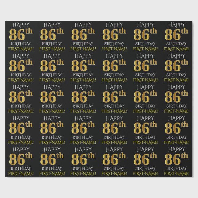 Papel De Presente Preto, Dourado "FELIZ 86 ANOS" (Aberto)