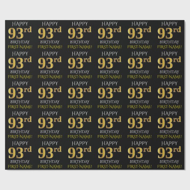 Papel De Presente Preto, Dourado "FELIZ 93 ANOS" (Aberto)