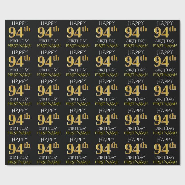 Papel De Presente Preto, Dourado "FELIZ 94 ANOS" (Aberto)