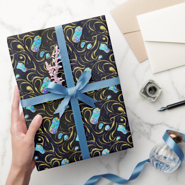 Papel De Presente Preto e Azul Moderno Faux Dourado e opal (Presentear)