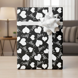 Papel De Presente Preto e Branco Fantasia Cursiva Amor e Corações