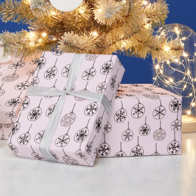 Papel De Presente Preto e Branco Modernos Flocos de Neve Rosa Natal (Feriados)
