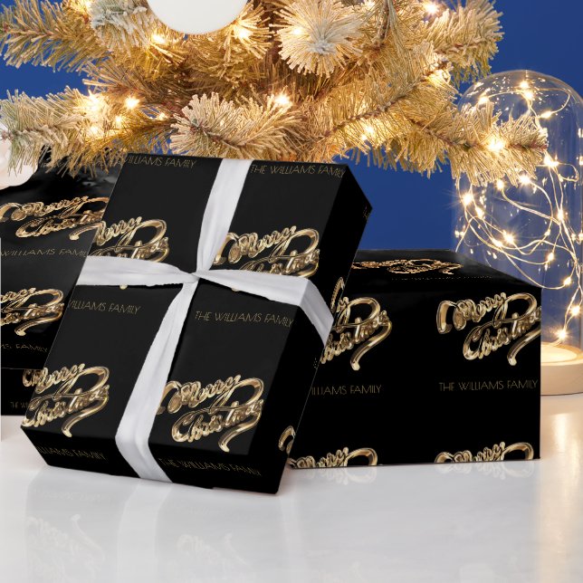 Papel De Presente Preto e Dourado Script Feliz Natal (Feriados)