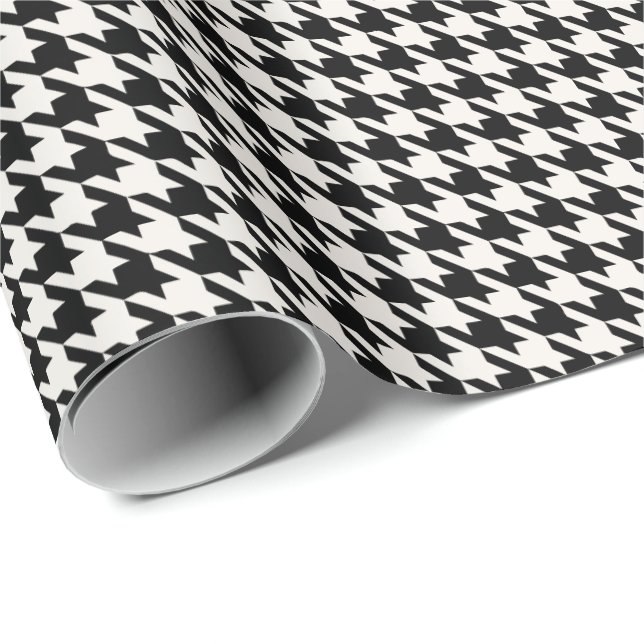 Papel De Presente Preto e Marfim Padrão Houndstooth | Clássico  (Ponta do rolo)