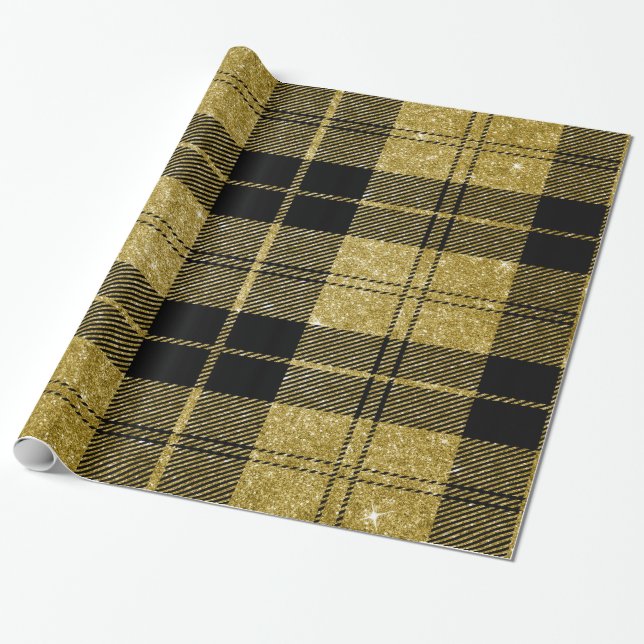 Papel De Presente Preto e ouro Plaid-04 (Desenrolado)