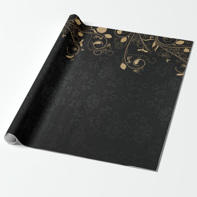 Papel De Presente Preto Elegante e Cor damasco Dourada (Desenrolado)