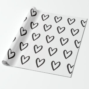 Papel De Presente Preto em Corações Retraçados a Branco