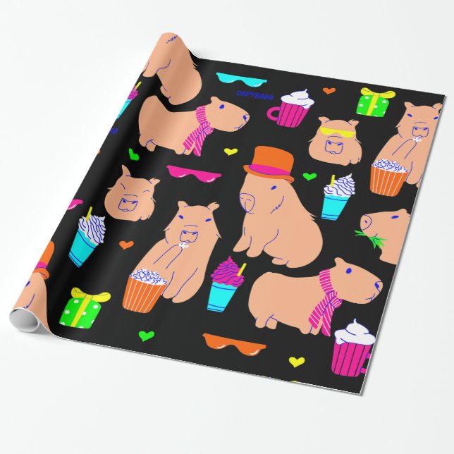 Papel De Presente preto engraçado da capybara (Desenrolado)