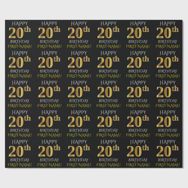 Papel De Presente Preto, falso Dourado "FELIZ ANIVERSÁRIO 20" (Aberto)