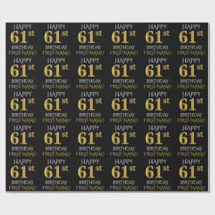 Papel De Presente Preto, Faux Dourado "FELIZ ANIVERSÁRIO DE 61 ANOS"