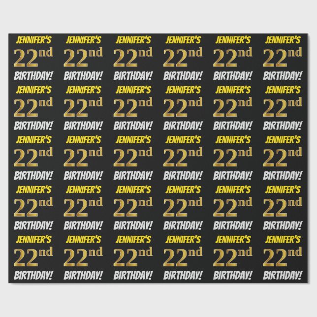 Papel De Presente Preto, Faux/Imitação Dourada, "22º ANIVERSÁRIO" (Aberto)