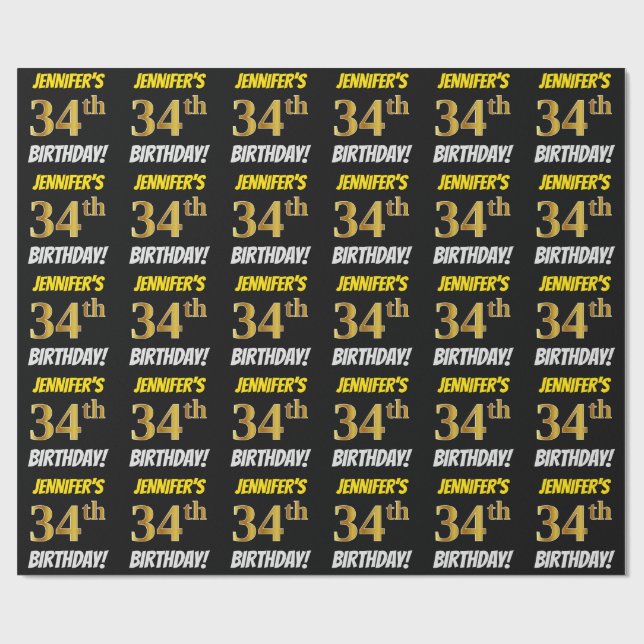 Papel De Presente Preto, Faux/Imitação Dourada, "34º ANIVERSÁRIO" (Aberto)