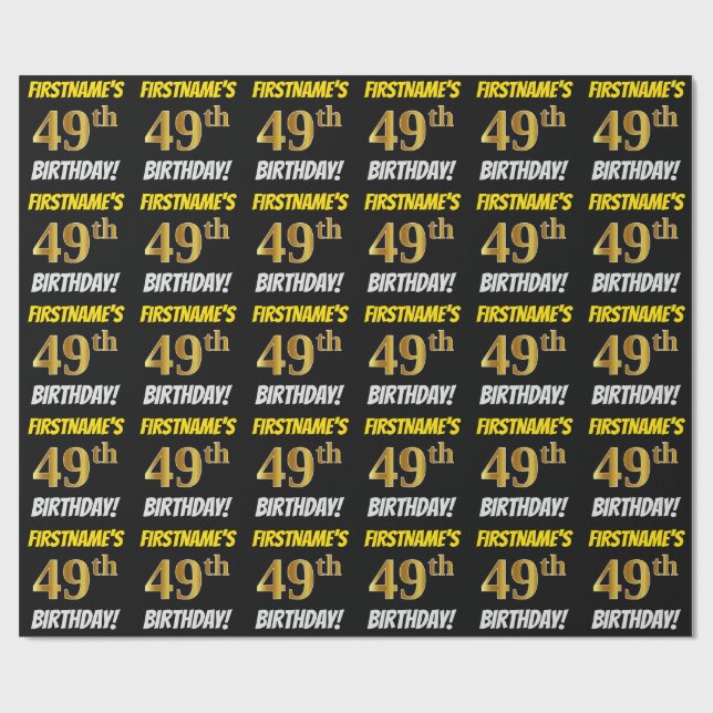 Papel De Presente Preto, Faux/Imitação Dourada, "49 ANOS" (Aberto)
