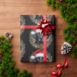 Papel De Presente Preto Festivo Labrador Vestindo Santa Hat