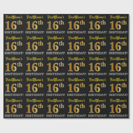 Papel De Presente Preto, Imitação Dourada "16º ANIVERSÁRIO"