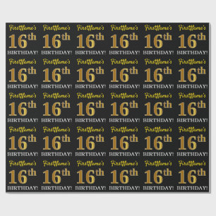 Papel De Presente Preto, Imitação Dourada "16º ANIVERSÁRIO"