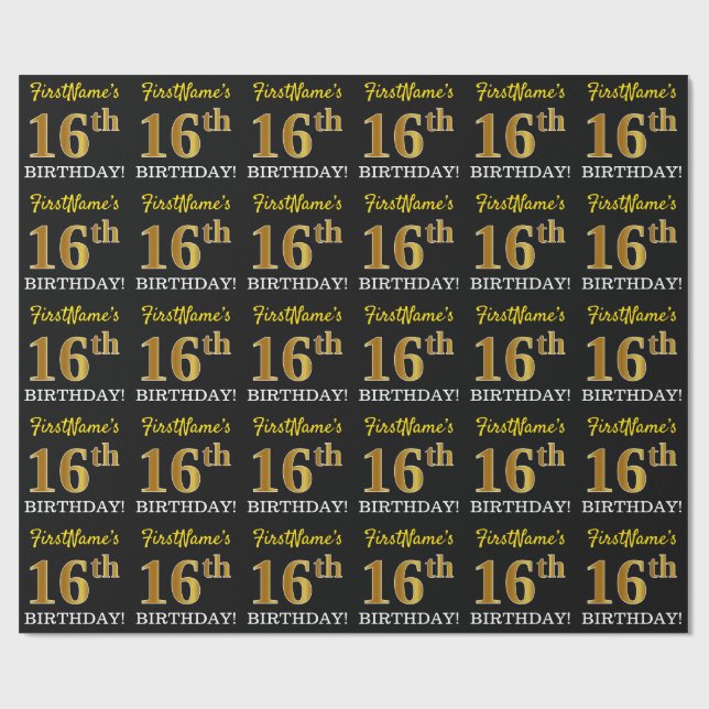 Papel De Presente Preto, Imitação Dourada "16º ANIVERSÁRIO" (Aberto)