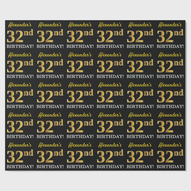 Papel De Presente Preto, Imitação Dourada "32º ANIVERSÁRIO" (Aberto)