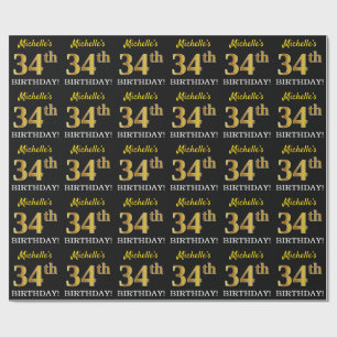 Papel De Presente Preto, Imitação Dourada "34.º ANIVERSÁRIO"