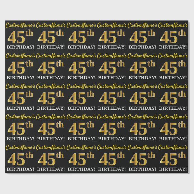 Papel De Presente Preto, Imitação Dourada "45 ANOS" (Aberto)