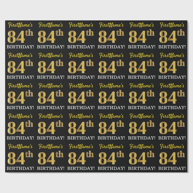 Papel De Presente Preto, Imitação Dourada "84.º ANIVERSÁRIO" (Aberto)