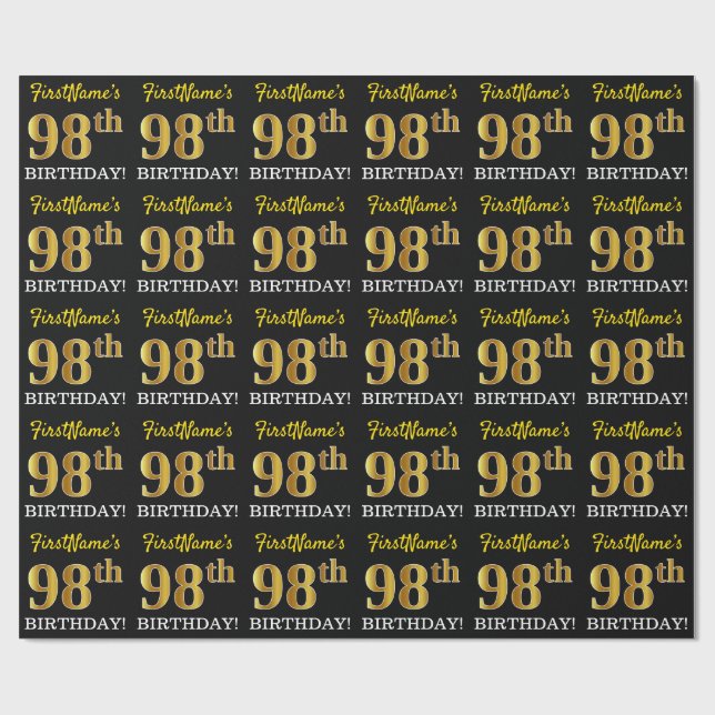 Papel De Presente Preto, Imitação Dourada "98º ANIVERSÁRIO" (Aberto)
